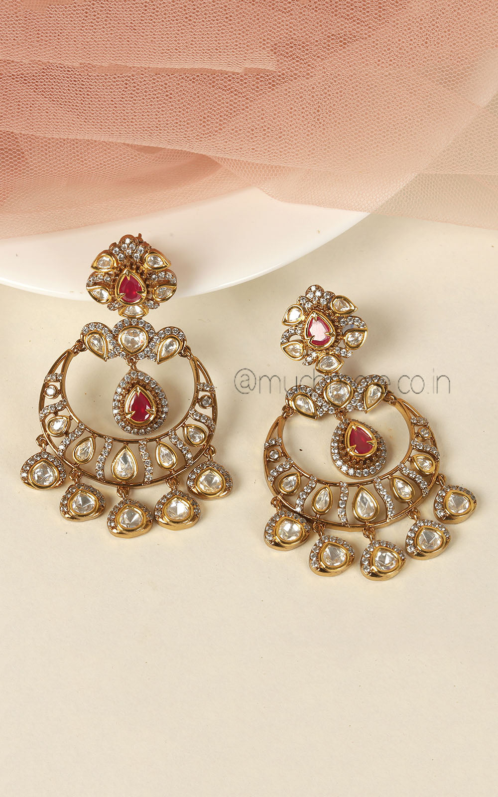 Gold Polish Ruby Kundan With Diamond Chandbali Earrings