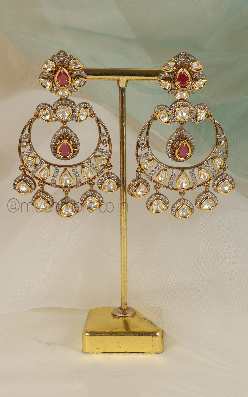 Gold Polish Ruby Kundan With Diamond Chandbali Earrings
