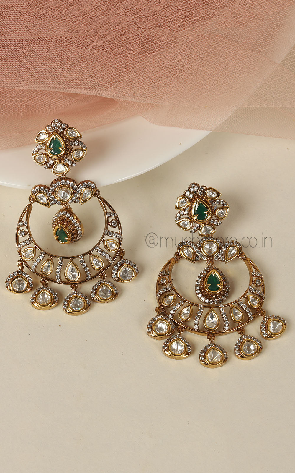 Emerald Green Gold Polish Kundan With Diamond Chandbali Earrings