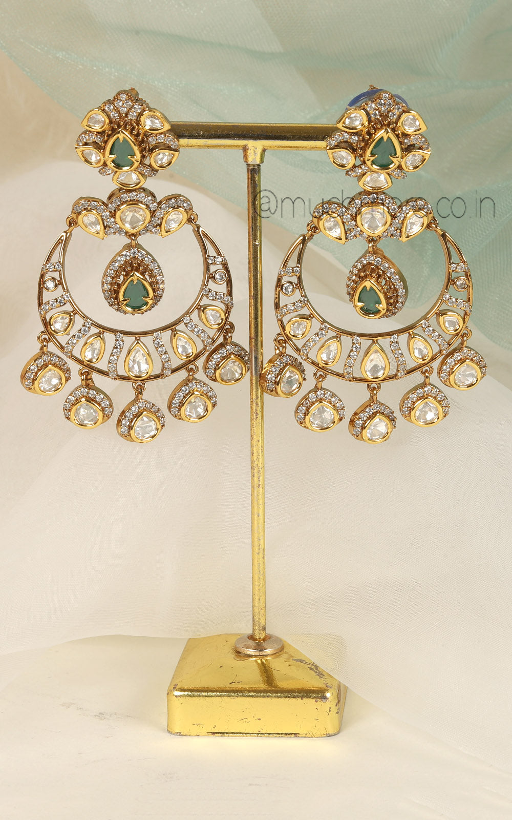 Emerald Green Gold Polish Kundan With Diamond Chandbali Earrings