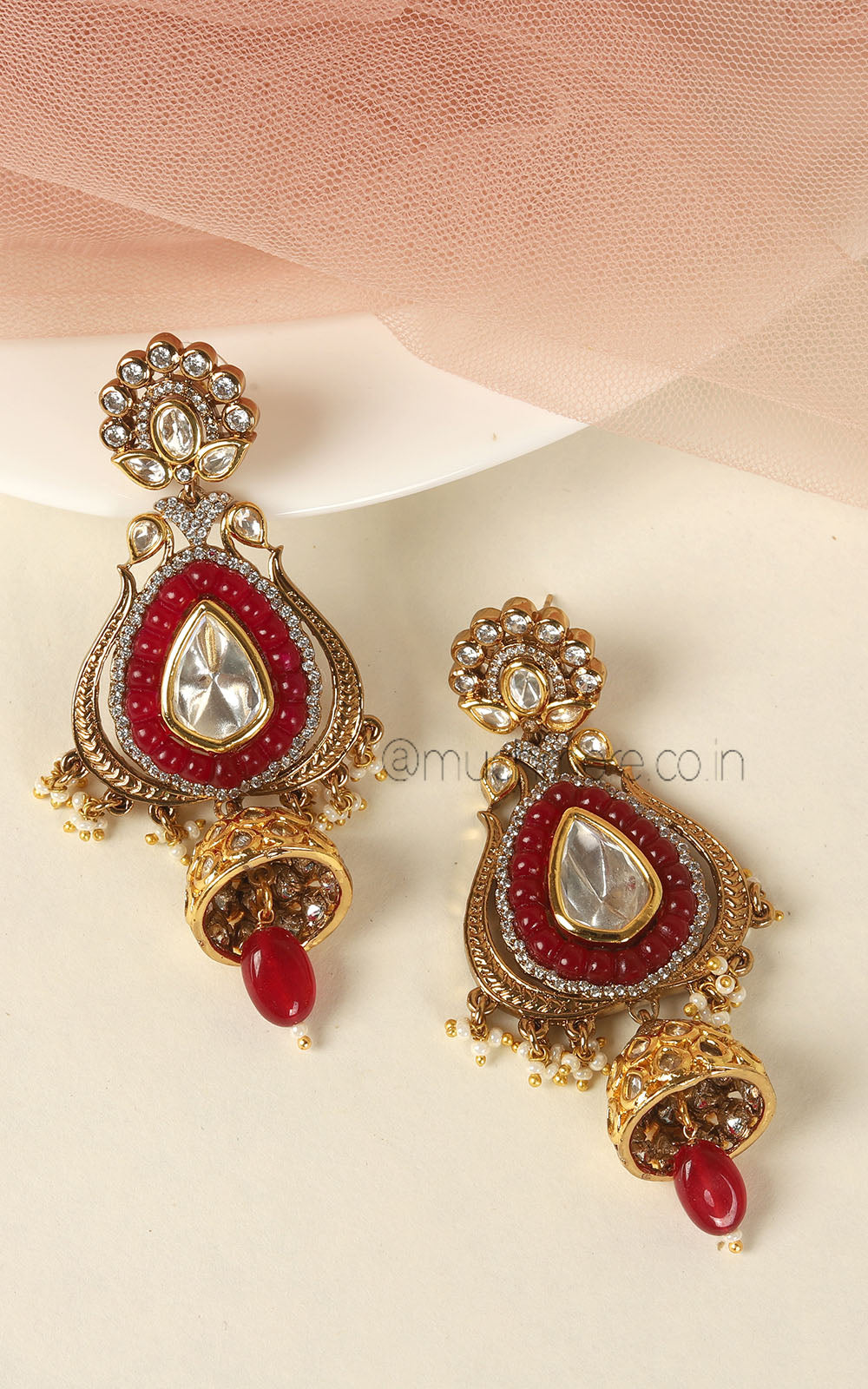Kundan Ruby Color Earrings With Jhumki Hangings