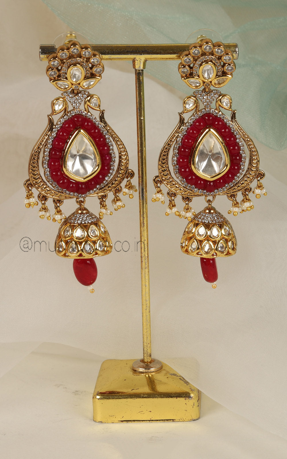 Kundan Ruby Color Earrings With Jhumki Hangings