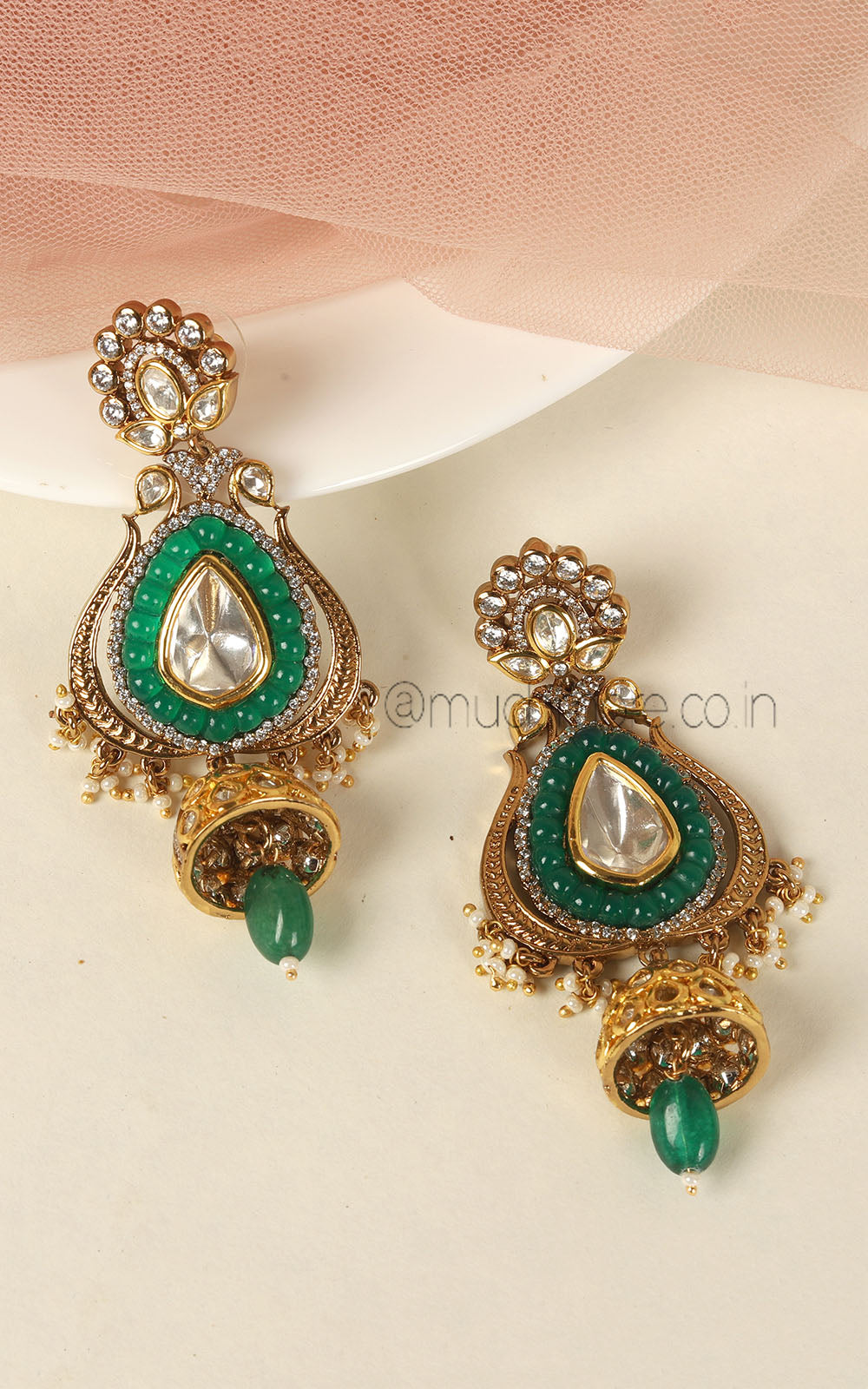 Emerald Green Color Kundan Earrings With Jhumki Hangings