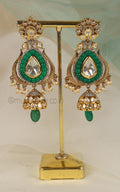 Emerald Green Color Kundan Earrings With Jhumki Hangings