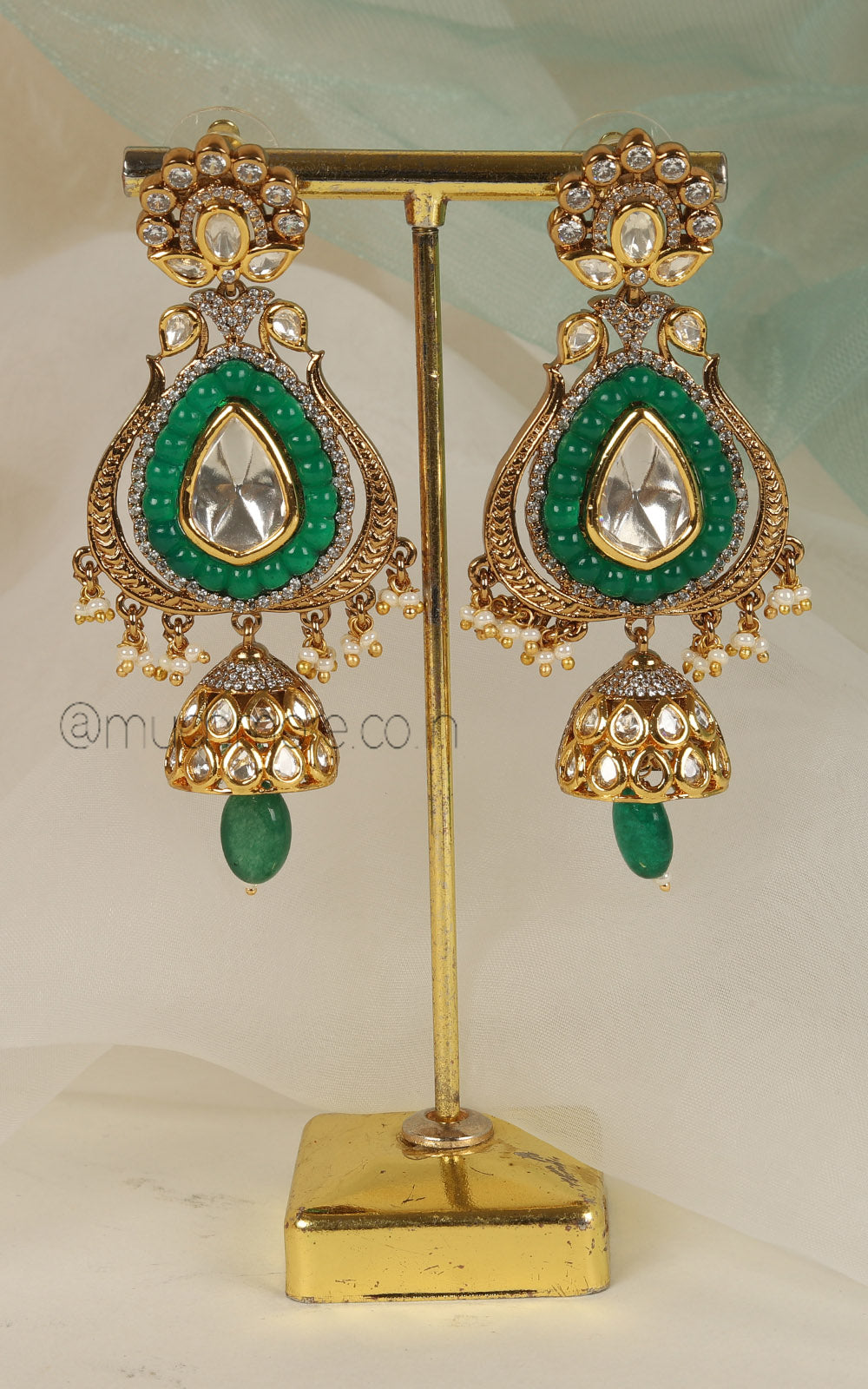 Emerald Green Color Kundan Earrings With Jhumki Hangings