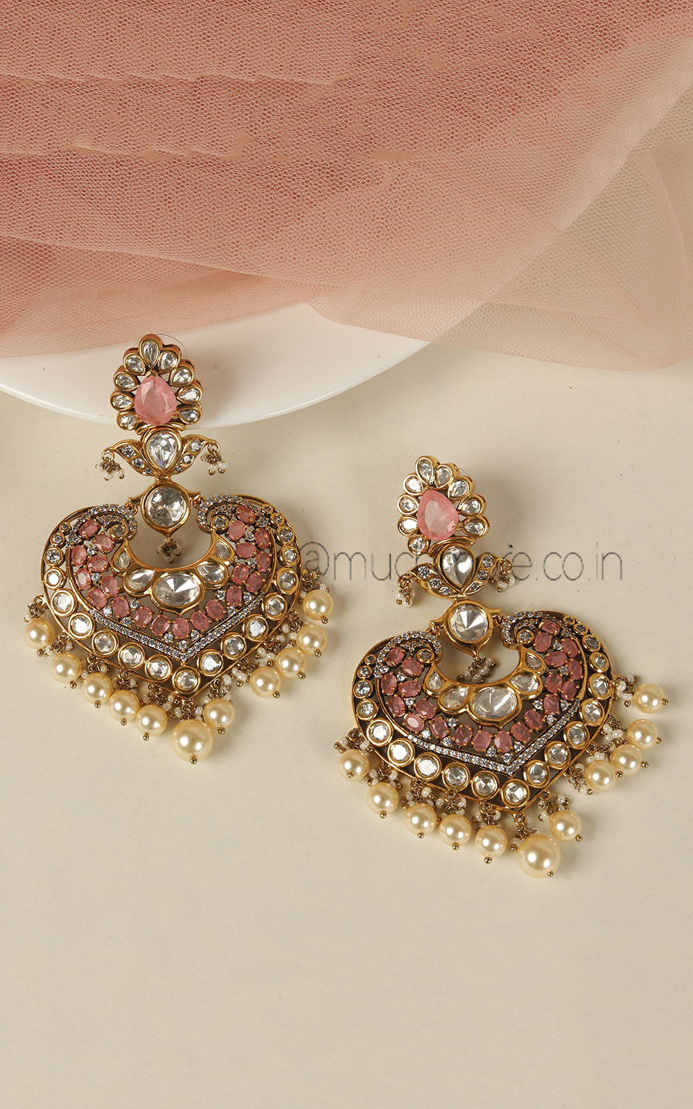 Baby Pink Polki And Diamonds Designer Long Earrings