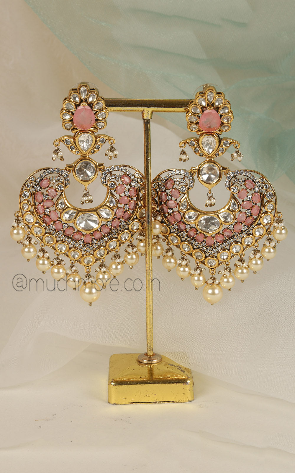 Baby Pink Polki And Diamonds Designer Long Earrings