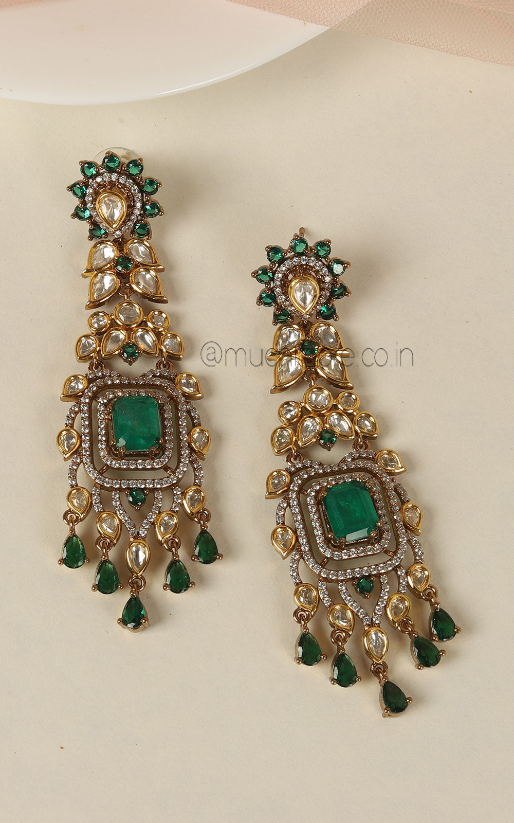 Emerald Green Trending Kundan Diamond Fusion Earrings