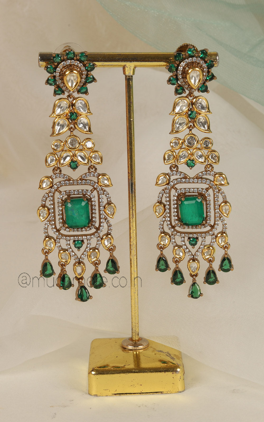 Emerald Green Trending Kundan Diamond Fusion Earrings