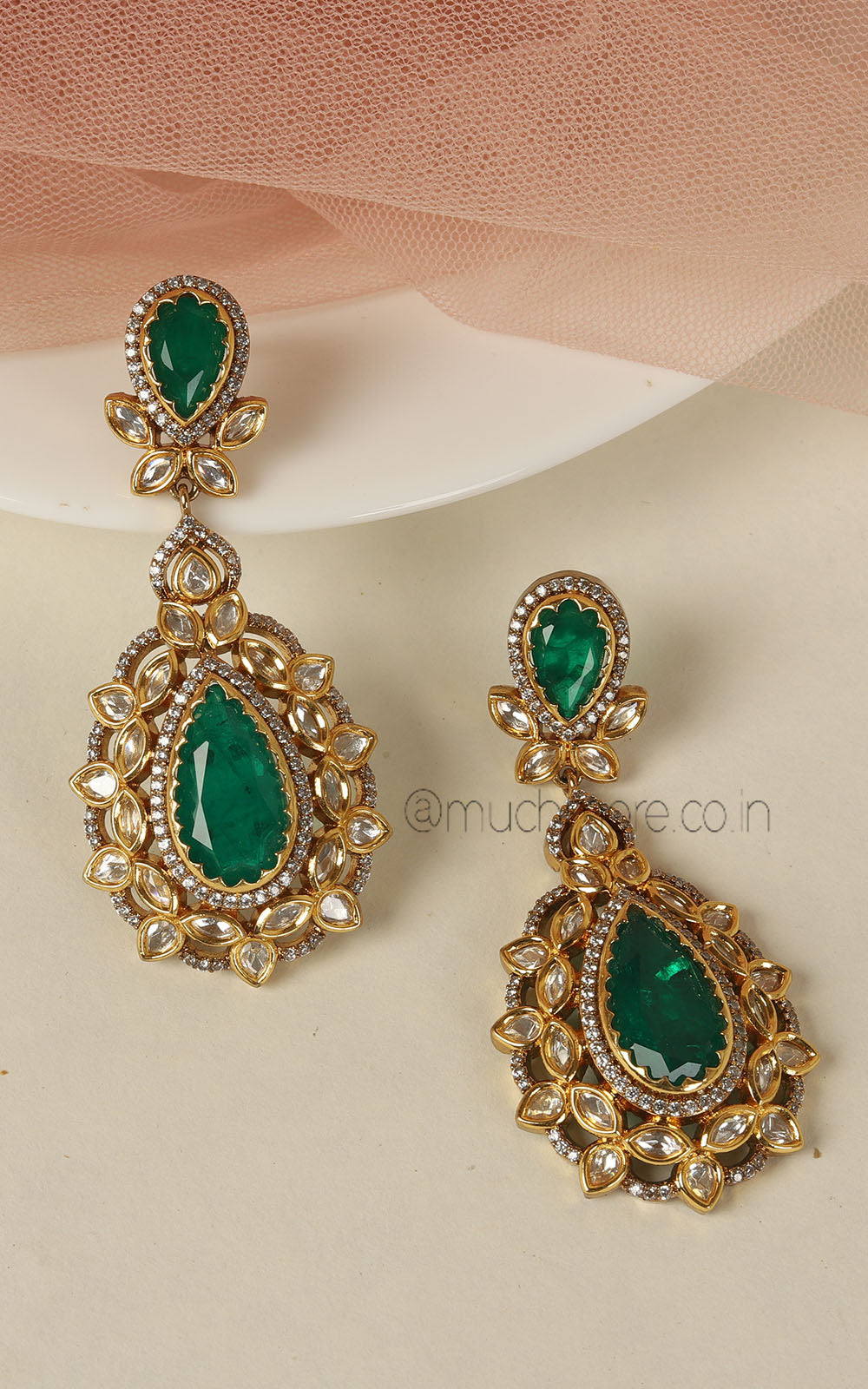 Graceful Timeless Emerald Green Doublet Polki Earrings