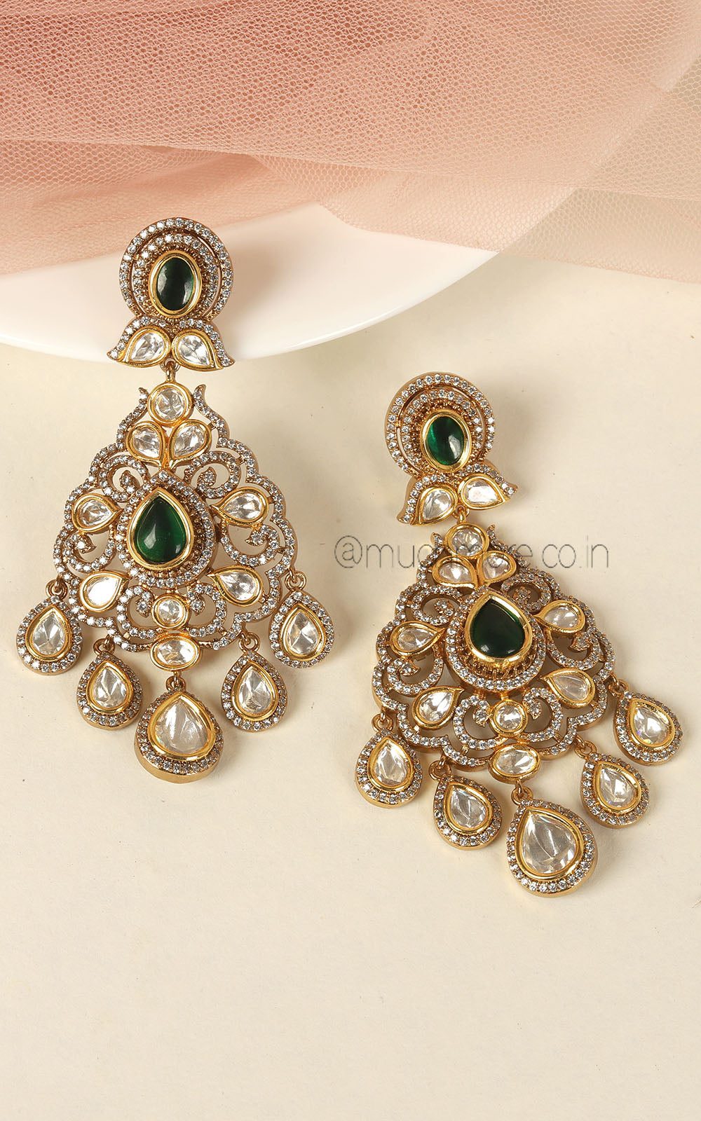 Emerald Green Premium Quality Polki Gold Polish Ethnic Earrings