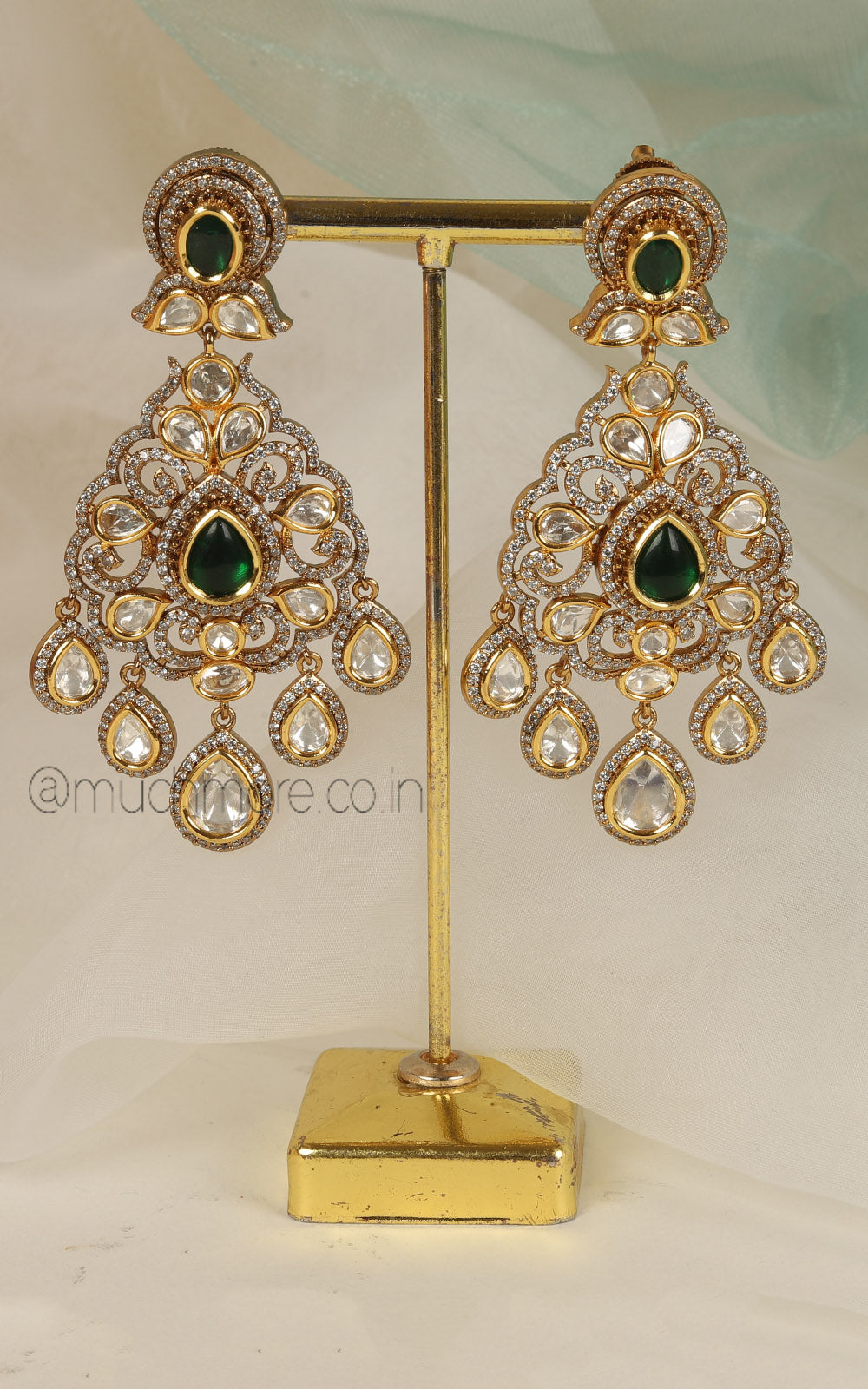 Emerald Green Premium Quality Polki Gold Polish Ethnic Earrings