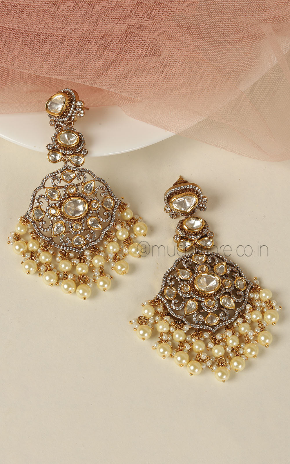 Pearl Drops Polki Diamond White Color Gold Polish Earrings