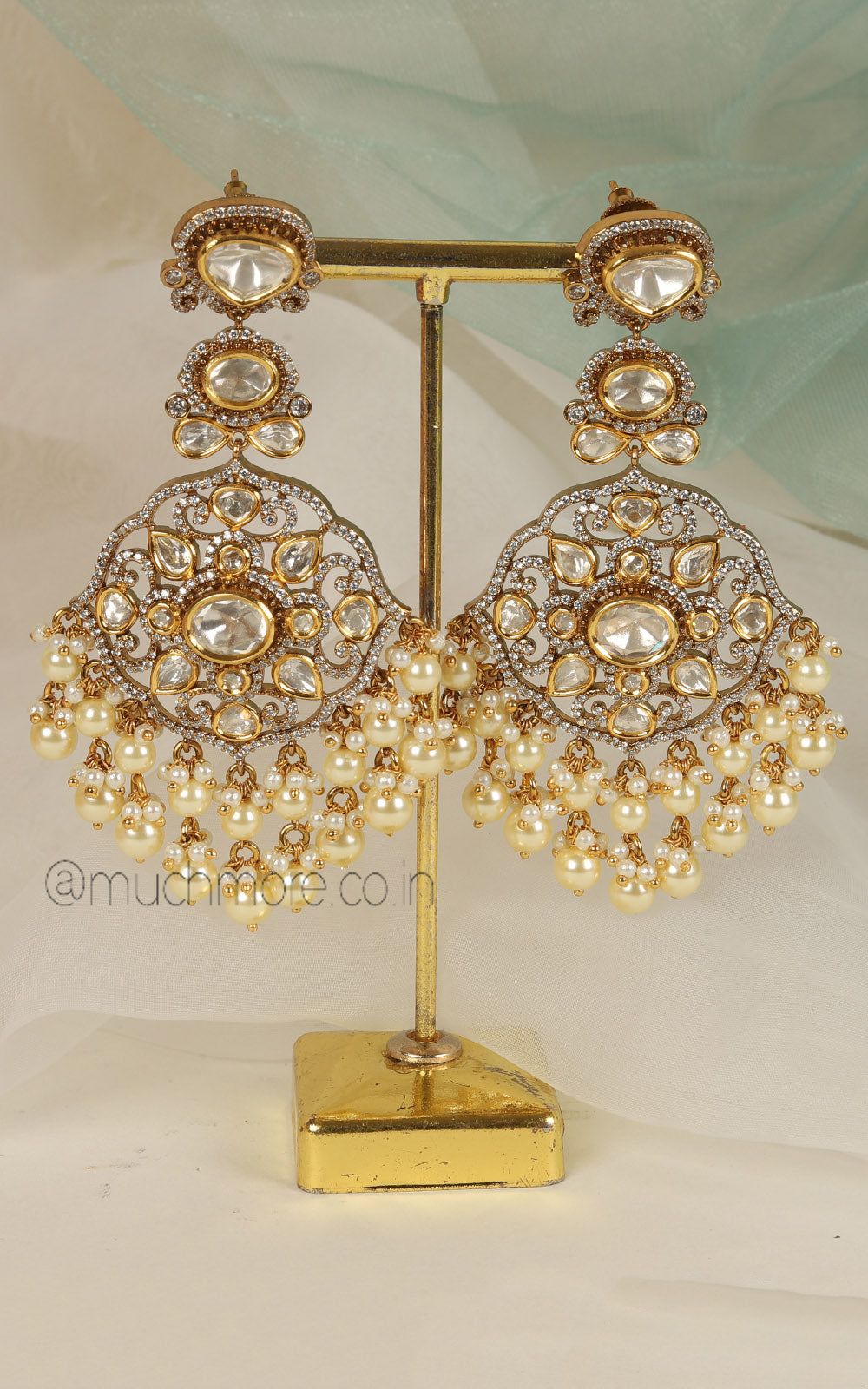 Pearl Drops Polki Diamond White Color Gold Polish Earrings