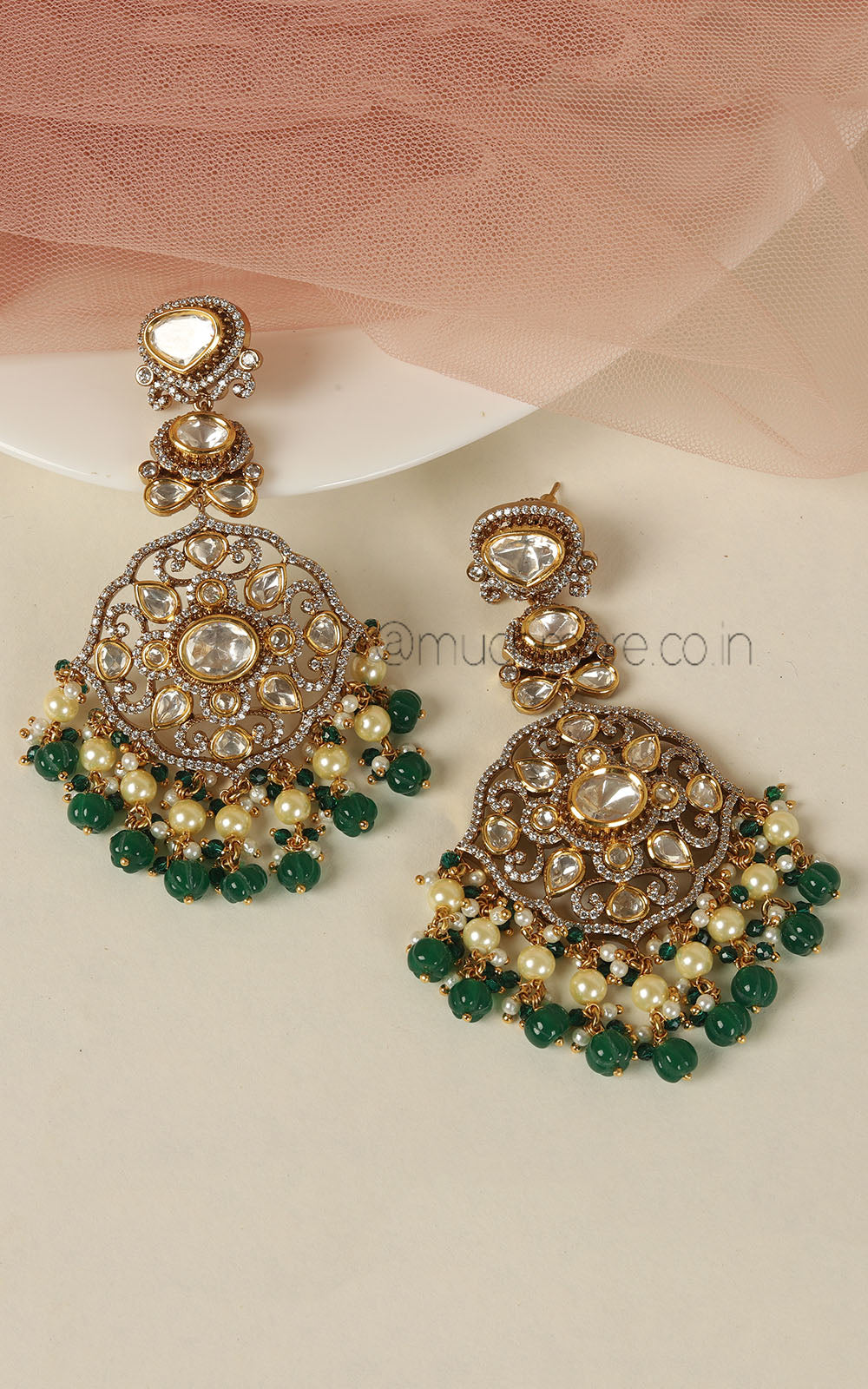 Emerald Green Drop With Pearl  Polki Diamond Gold Polish Earrings