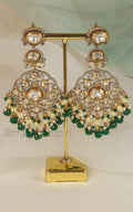 Emerald Green Drop With Pearl  Polki Diamond Gold Polish Earrings