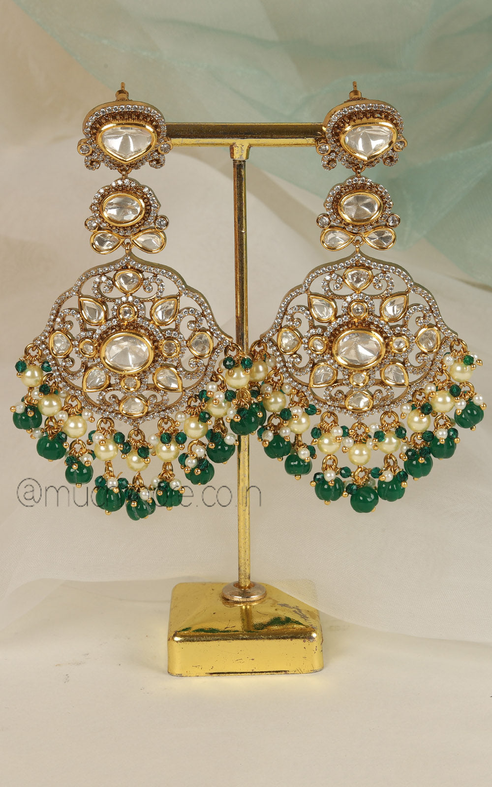 Emerald Green Drop With Pearl  Polki Diamond Gold Polish Earrings