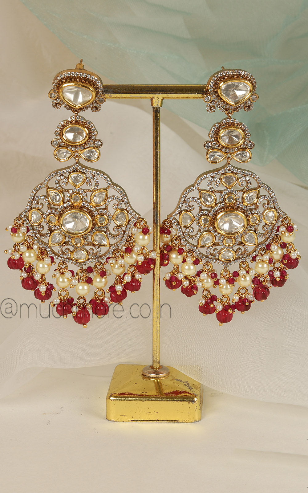 Ruby Drop With Pearl  Polki Diamond Gold Polish Earrings