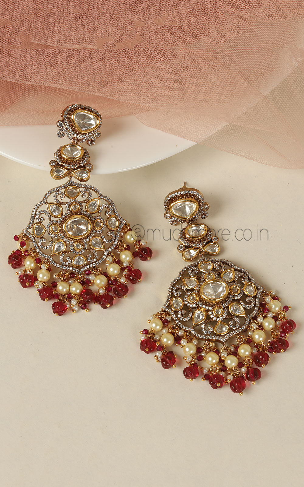 Ruby Drop With Pearl  Polki Diamond Gold Polish Earrings