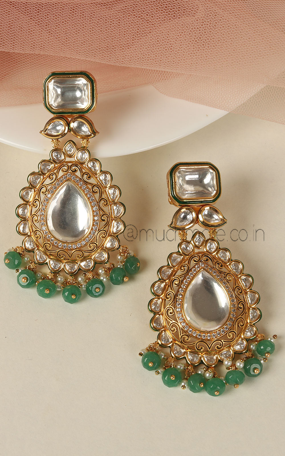 Big Polki Gold Polish Green Color Women Earrings