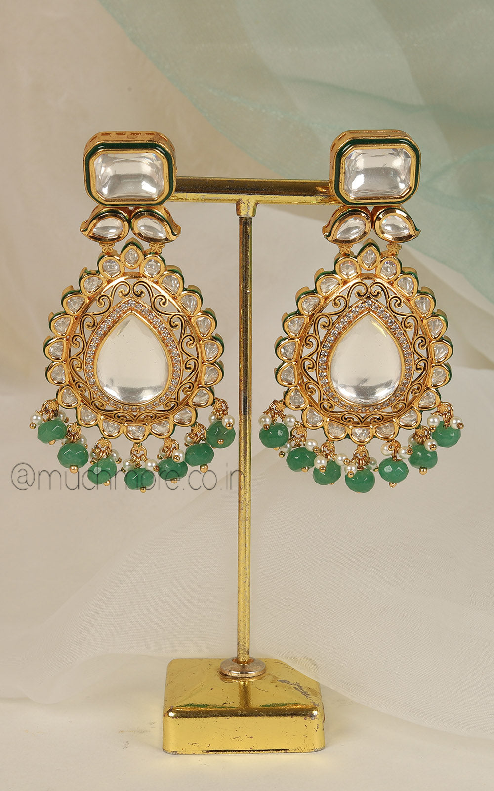 Big Polki Gold Polish Green Color Women Earrings