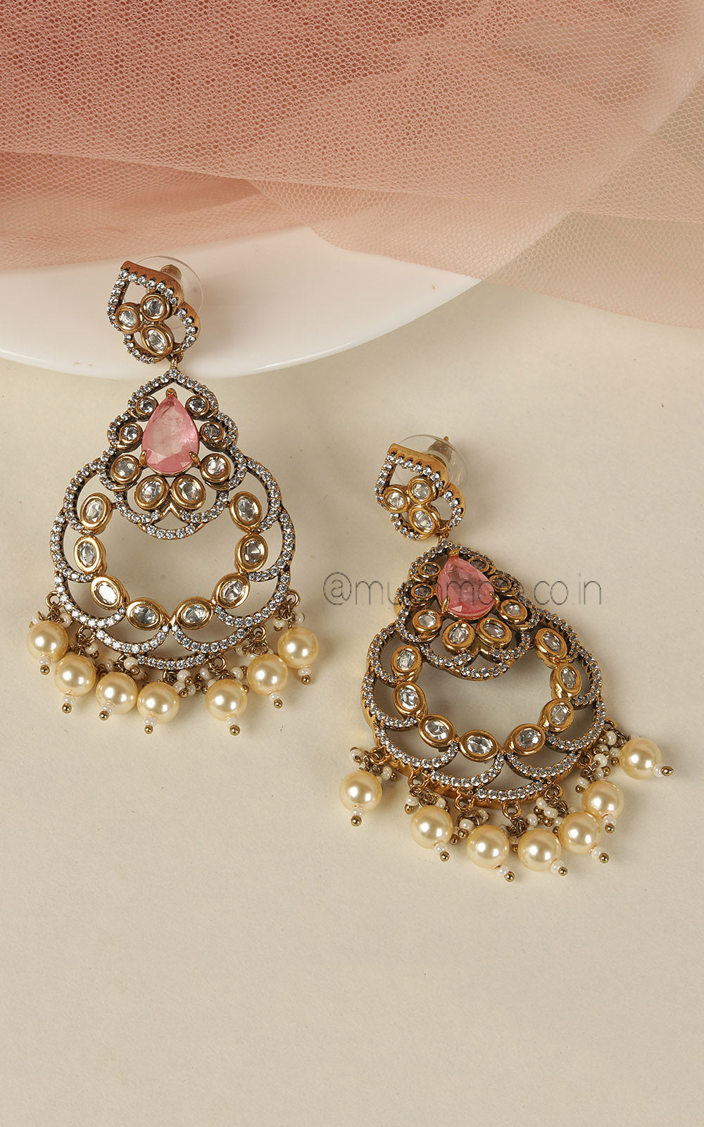 Soft Pink Diamond Kundan Pearl Hanging Earrings