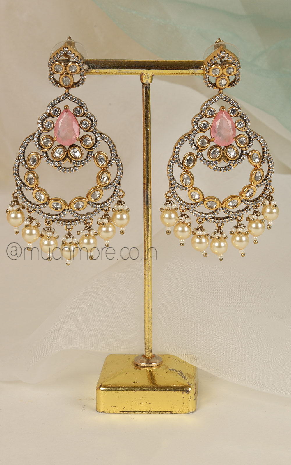 Soft Pink Diamond Kundan Pearl Hanging Earrings