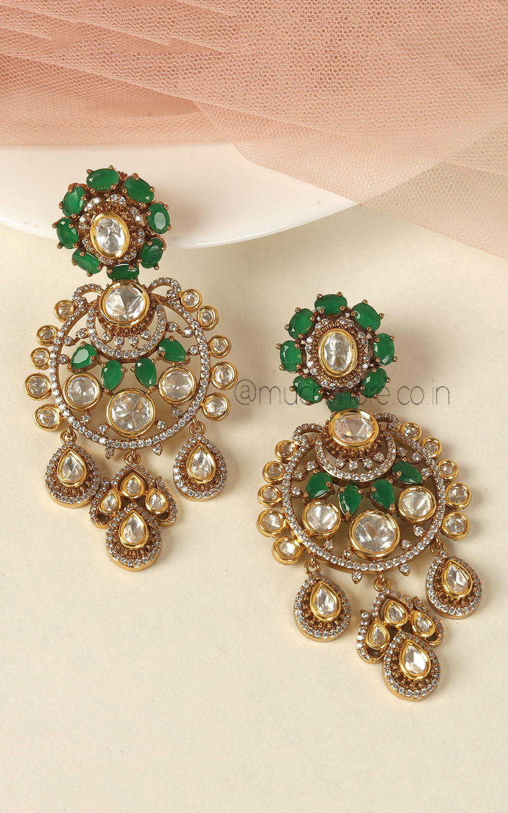 Emerald Green Kundan And Diamond Heritage Design Earrings