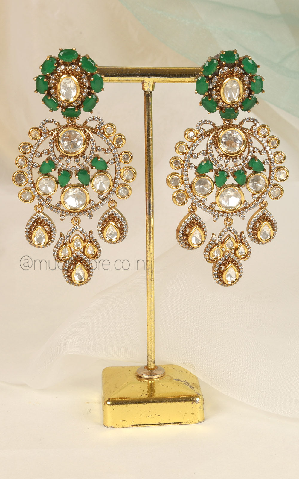 Emerald Green Kundan And Diamond Heritage Design Earrings