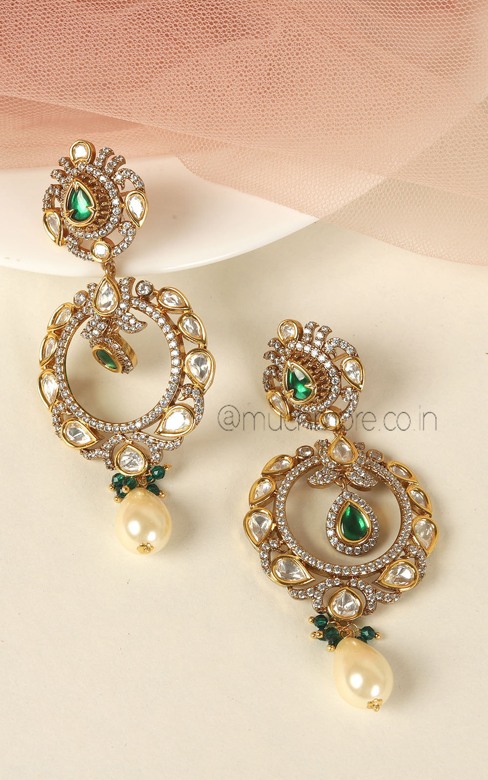 Kundan Diamond With Pearl Drop Emerald Green Earrings