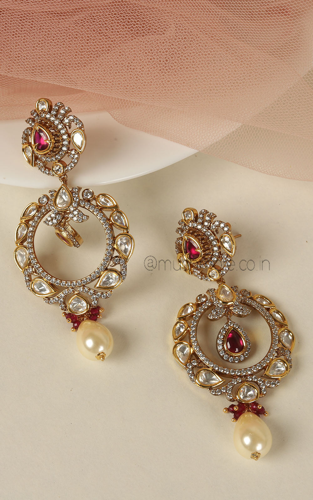 Ruby Kundan Diamond With Pearl Drop Women Earrings