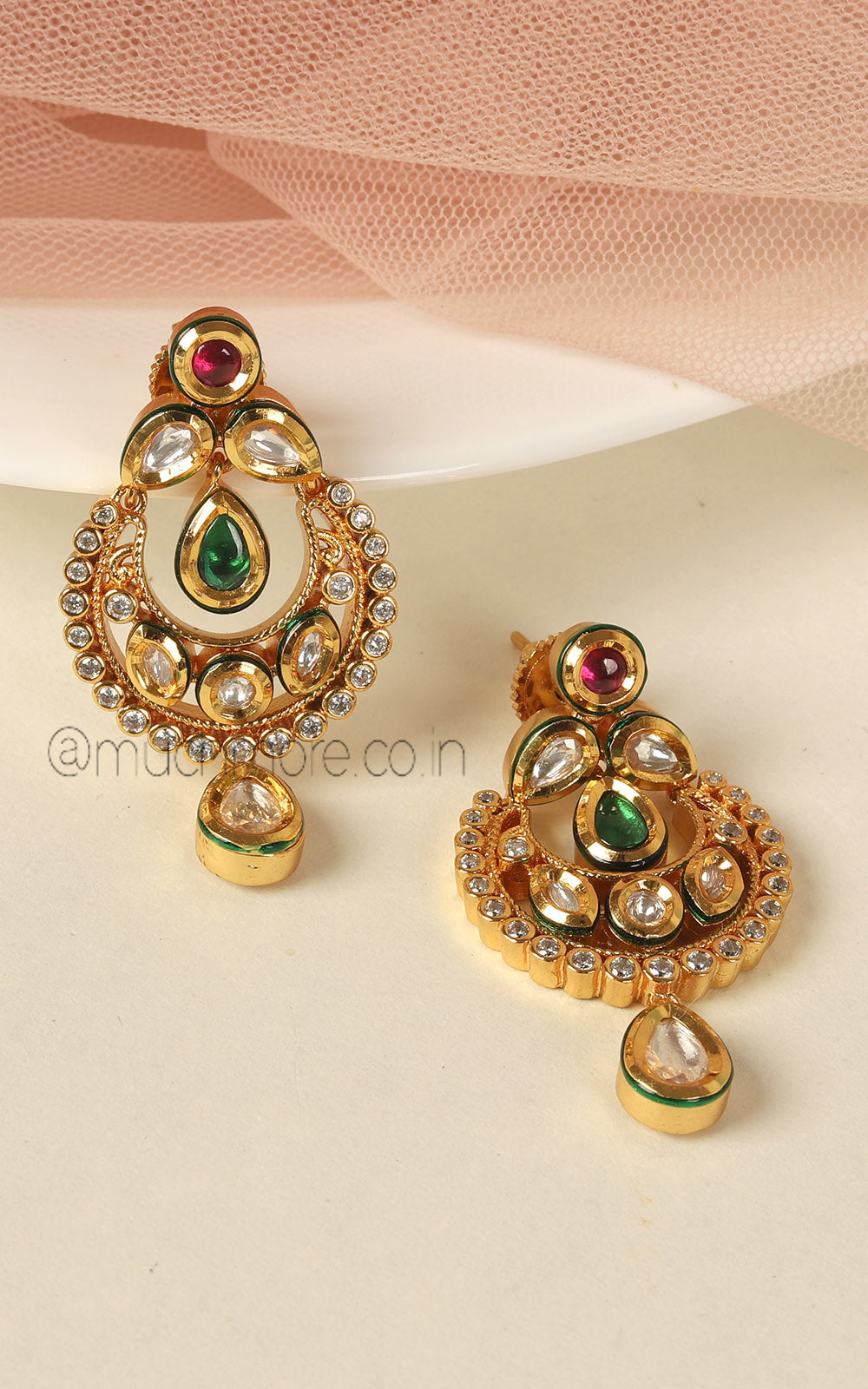 Classic Gold Polish Kundan Ruby Green Combination Earrings