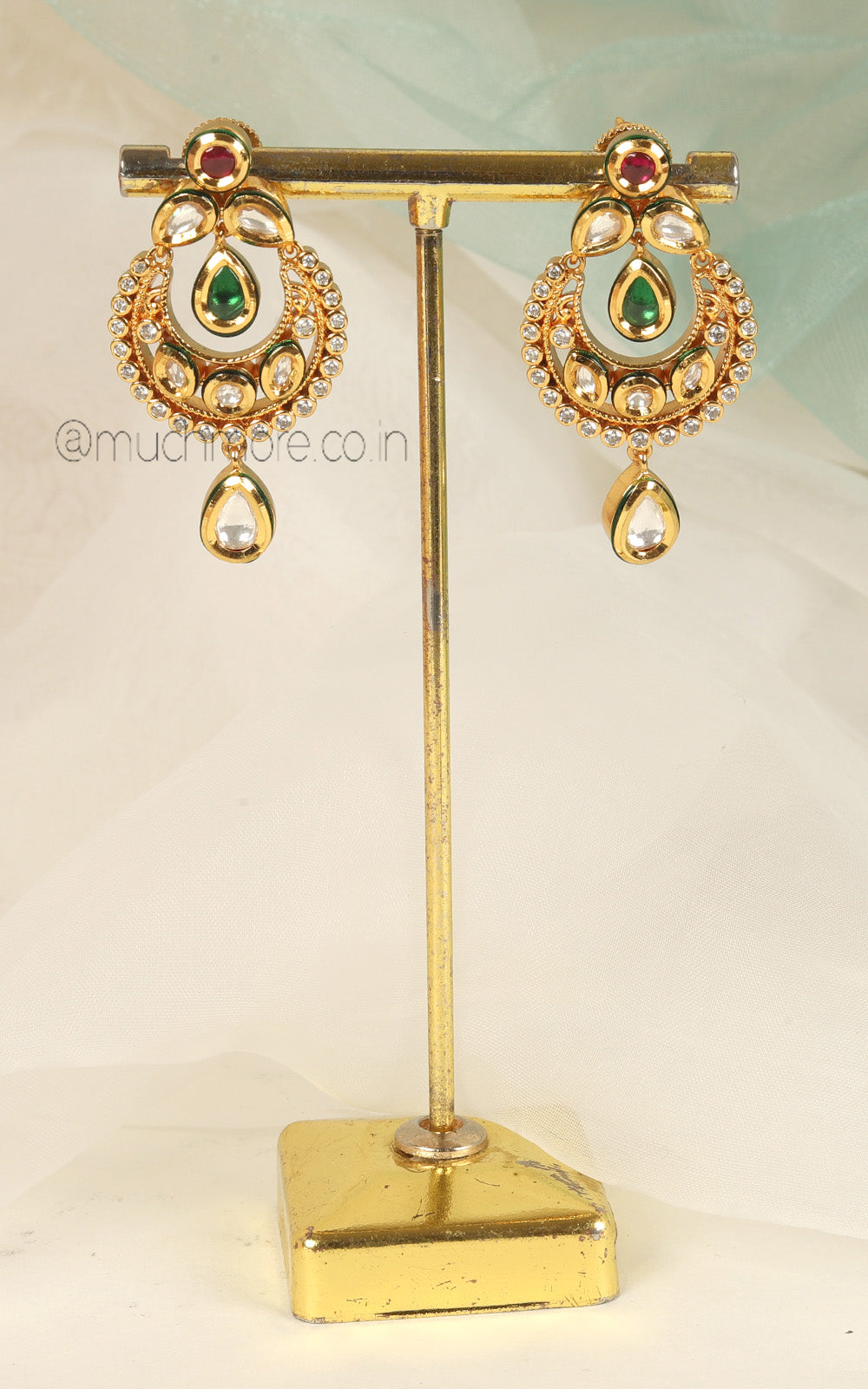 Classic Gold Polish Kundan Ruby Green Combination Earrings