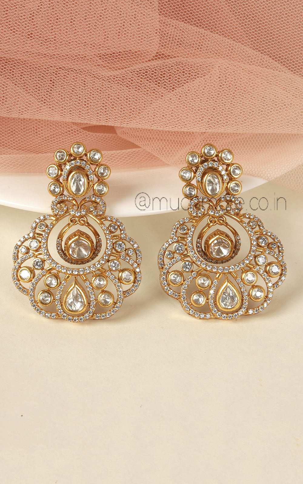 Gold Polish Kundan Diamond Classic Earrings For Brides