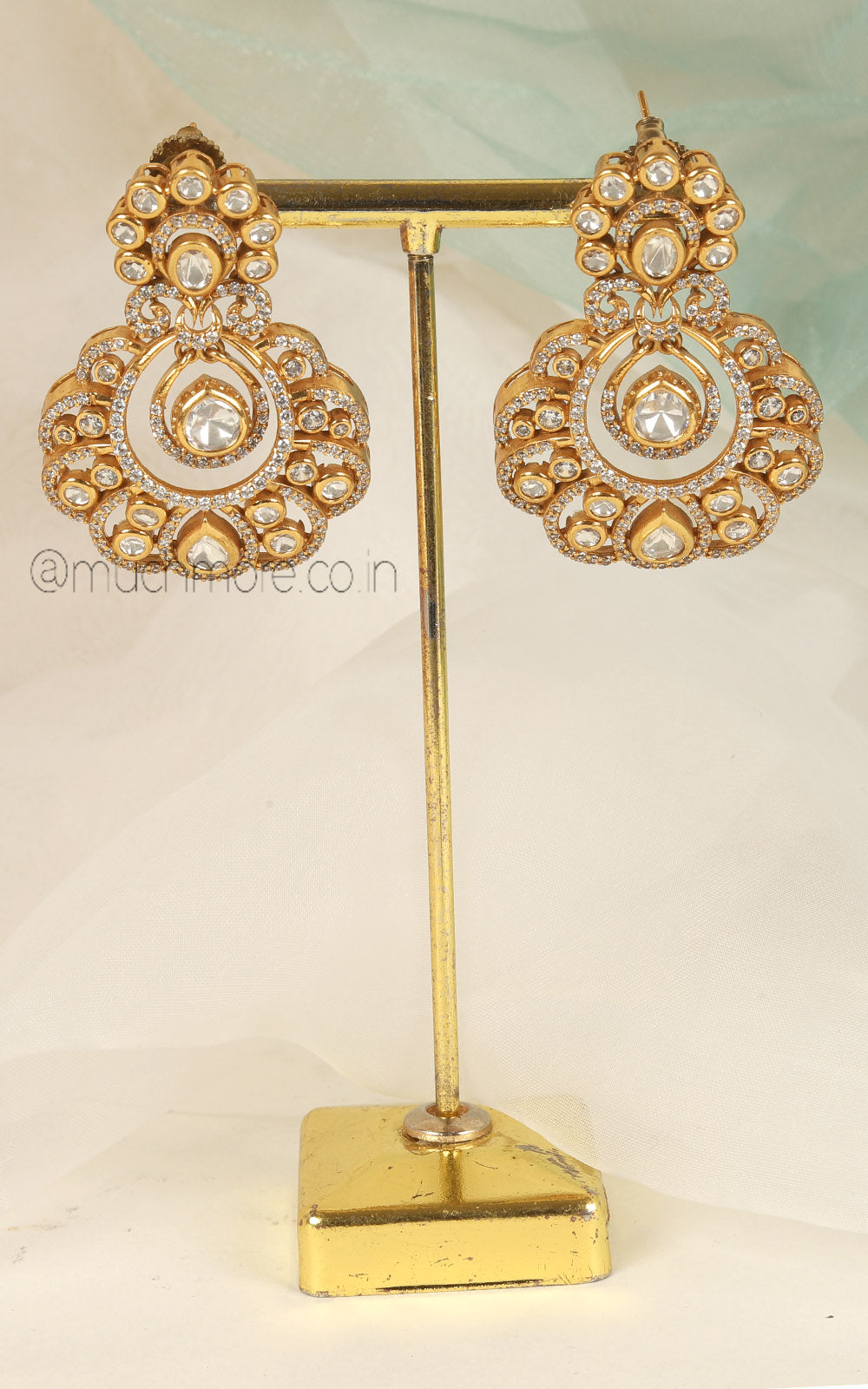Gold Polish Kundan Diamond Classic Earrings For Brides