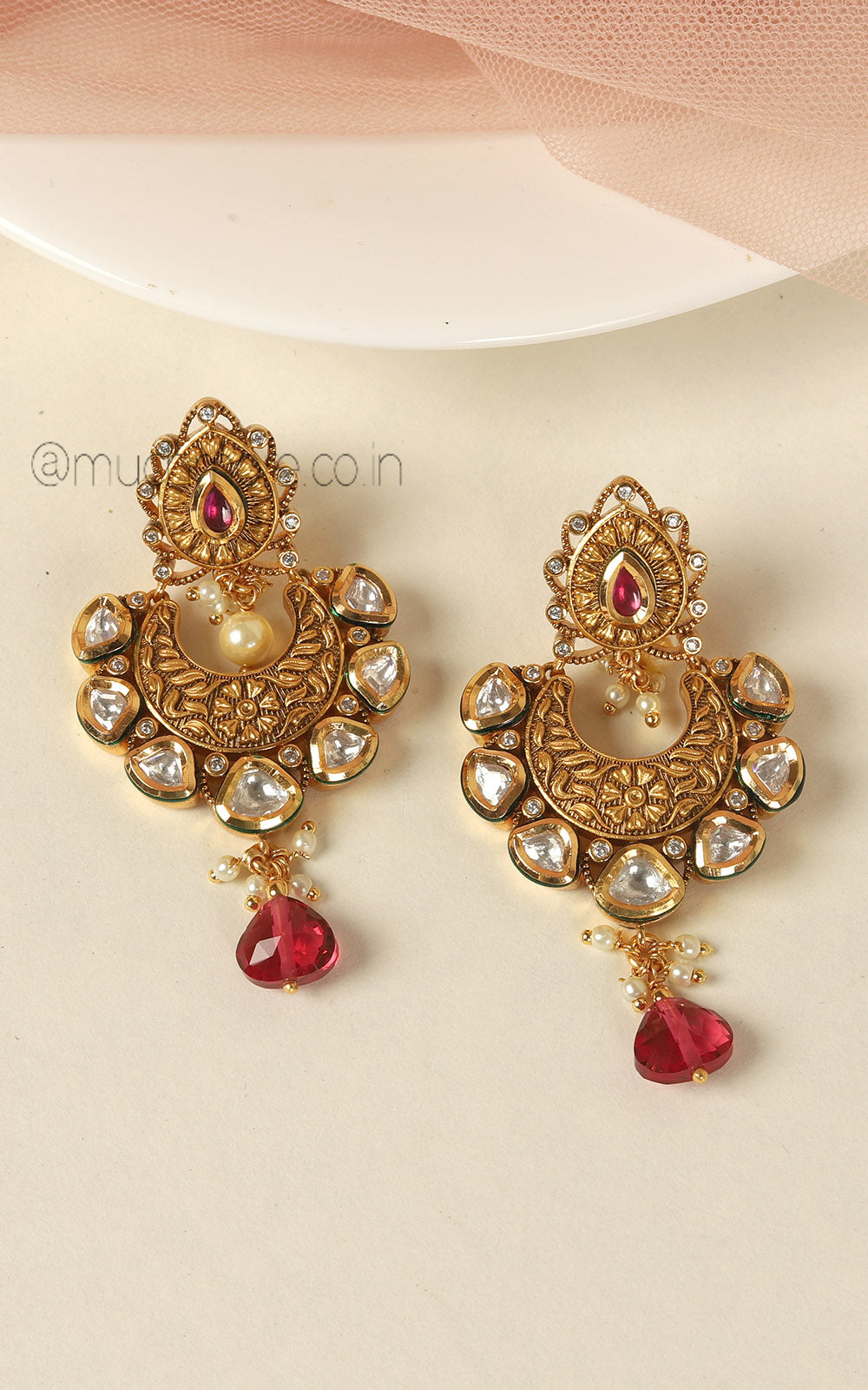 Hot Selling Ruby Gold Polish Kundan Earrings For Women