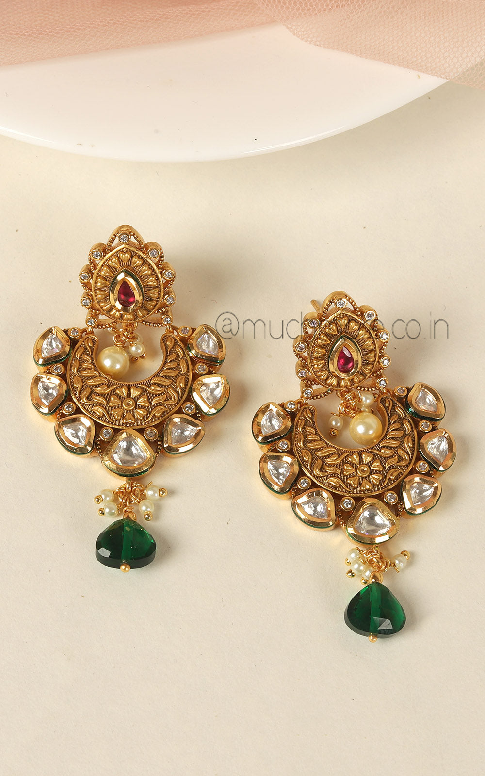 Traditional Ruby Green Gold Polish Kundan Earrings For Women