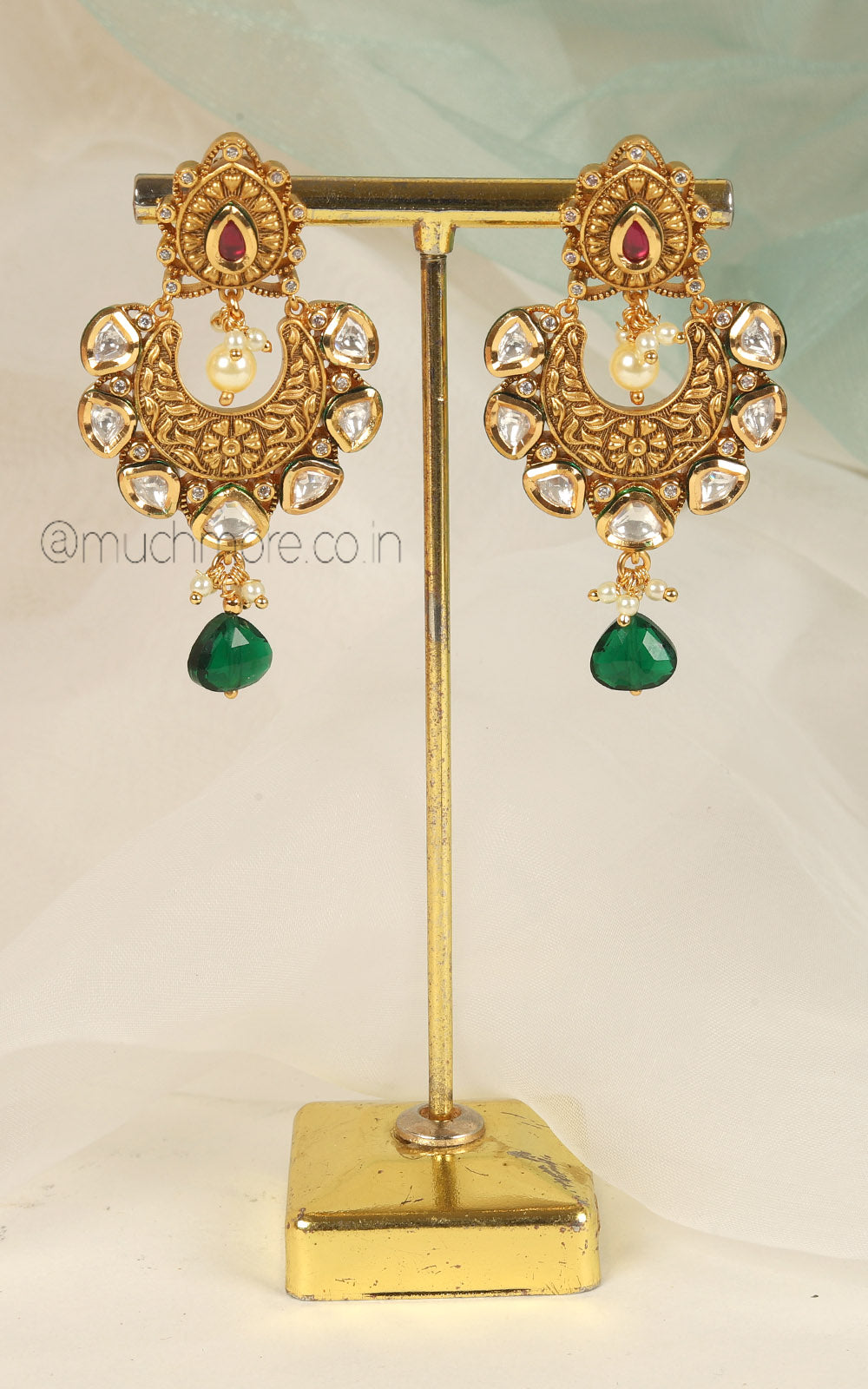 Traditional Ruby Green Gold Polish Kundan Earrings For Women