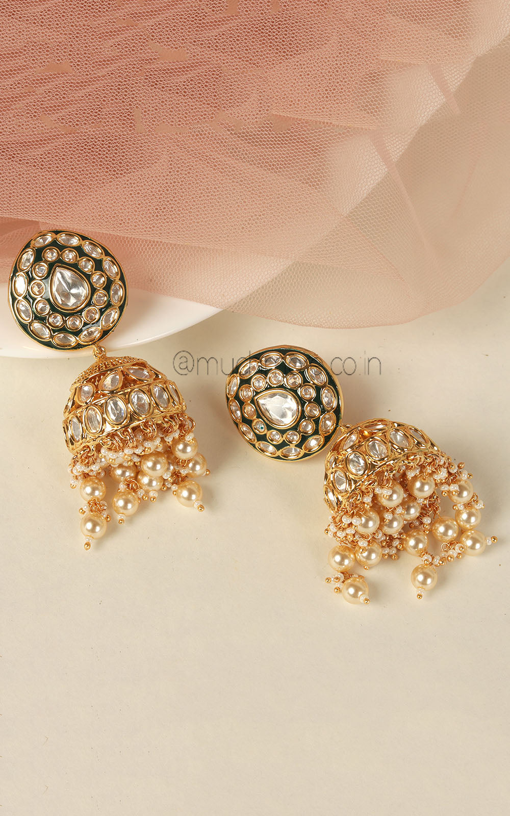 Emerald Green Kundan Jhumki With Pearl Hangings