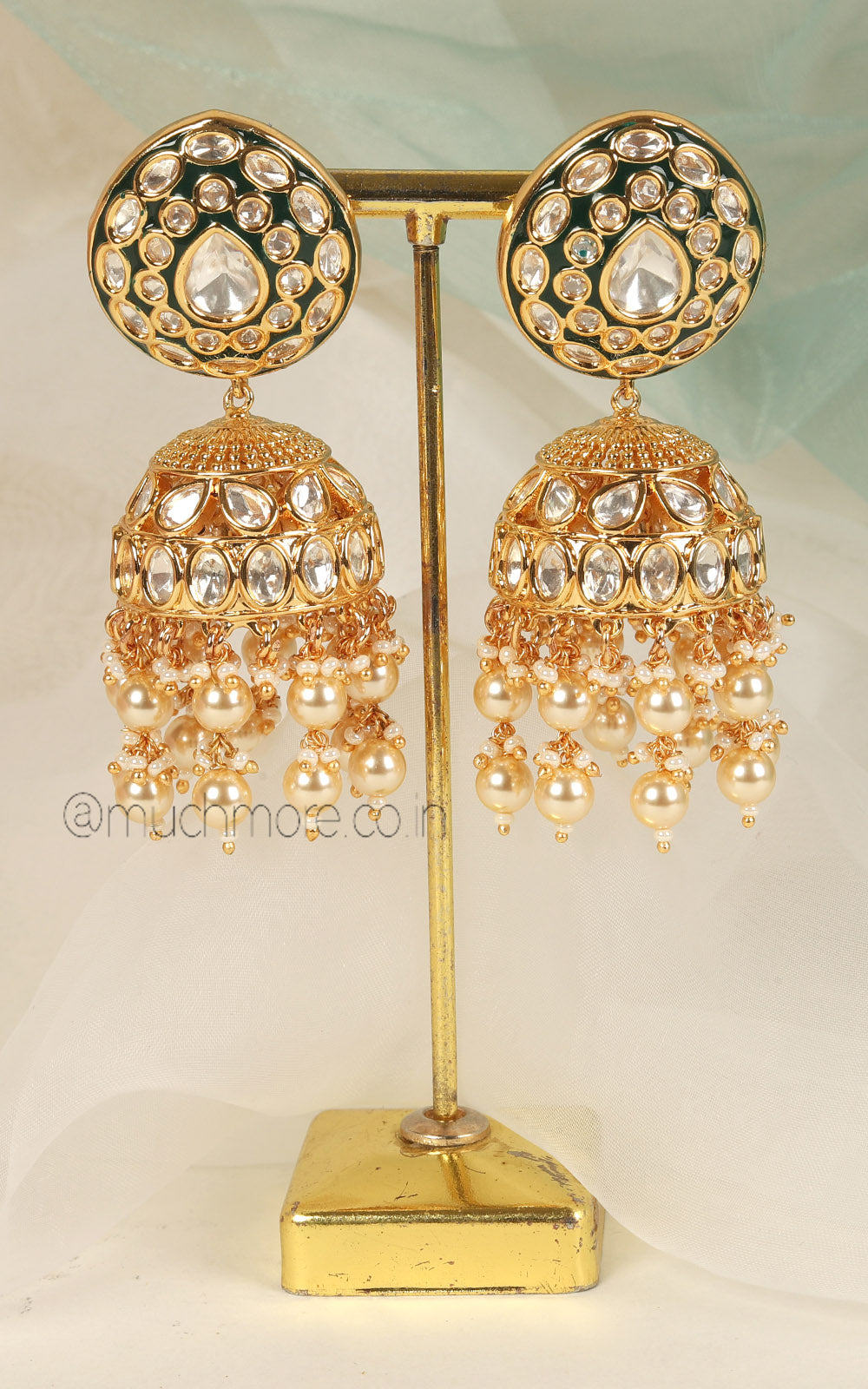Emerald Green Kundan Jhumki With Pearl Hangings