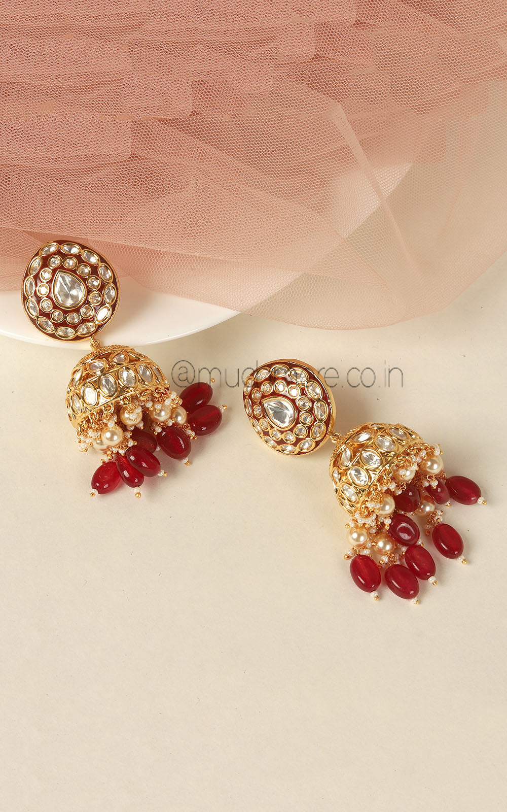 Ruby Meenakari Work Kundan Big Jhumki With Pearl Hangings