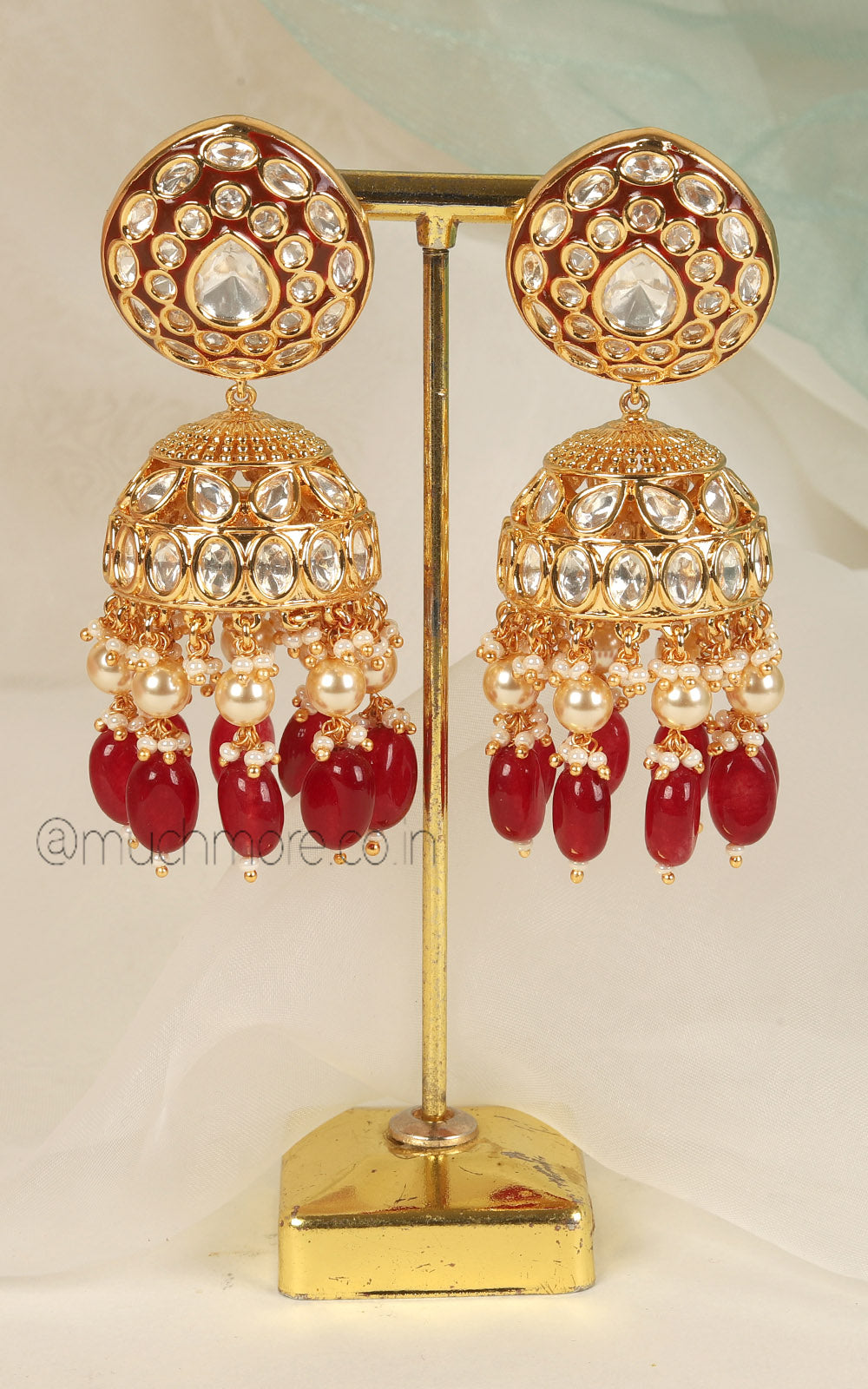 Ruby Meenakari Work Kundan Big Jhumki With Pearl Hangings