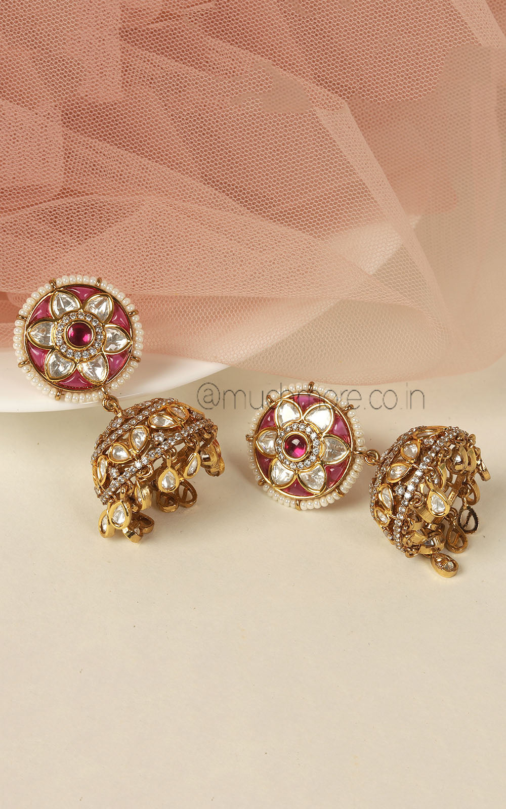Cute Little Ruby Color Gold Polish Kundan Jhumki Earrings