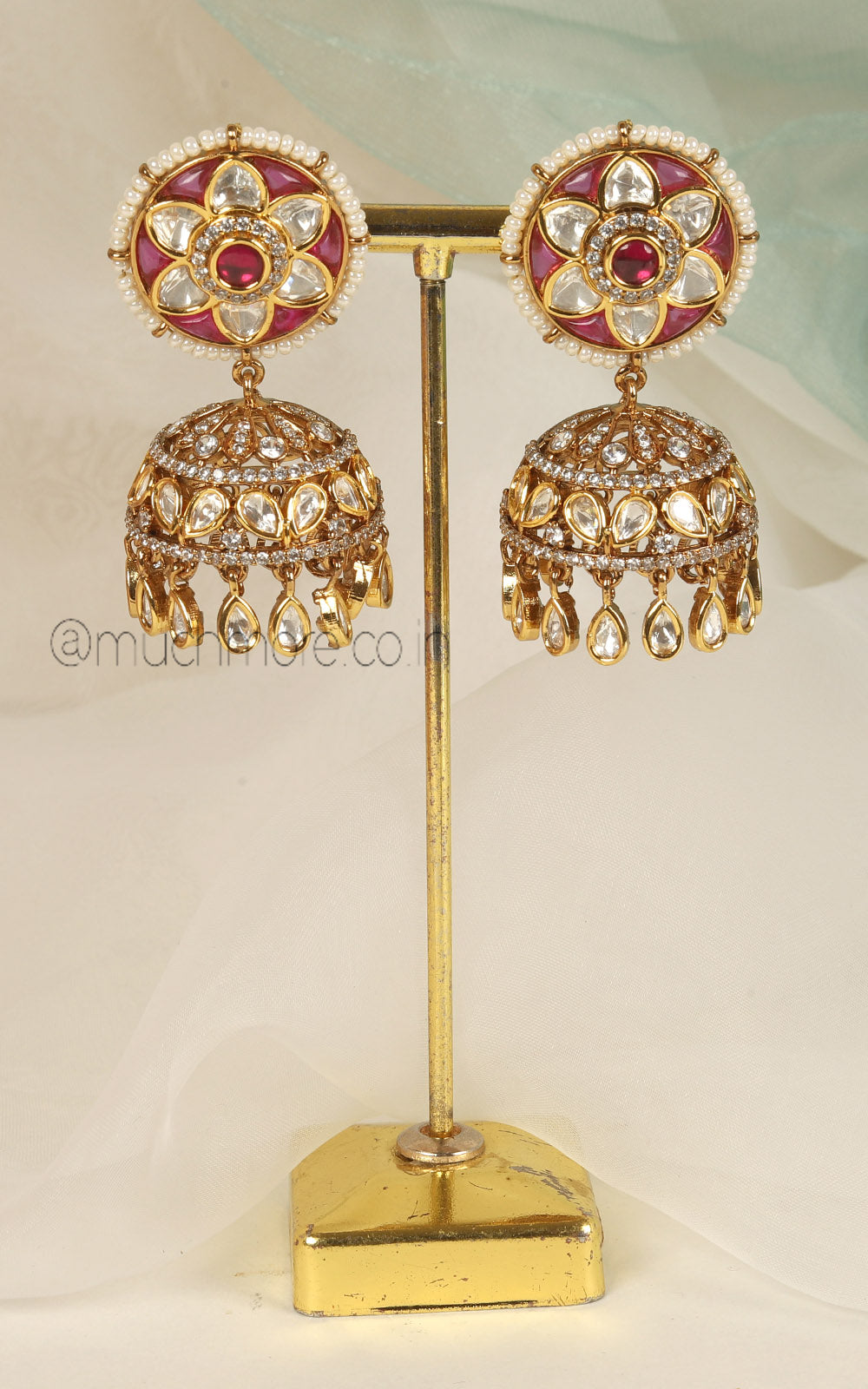 Cute Little Ruby Color Gold Polish Kundan Jhumki Earrings