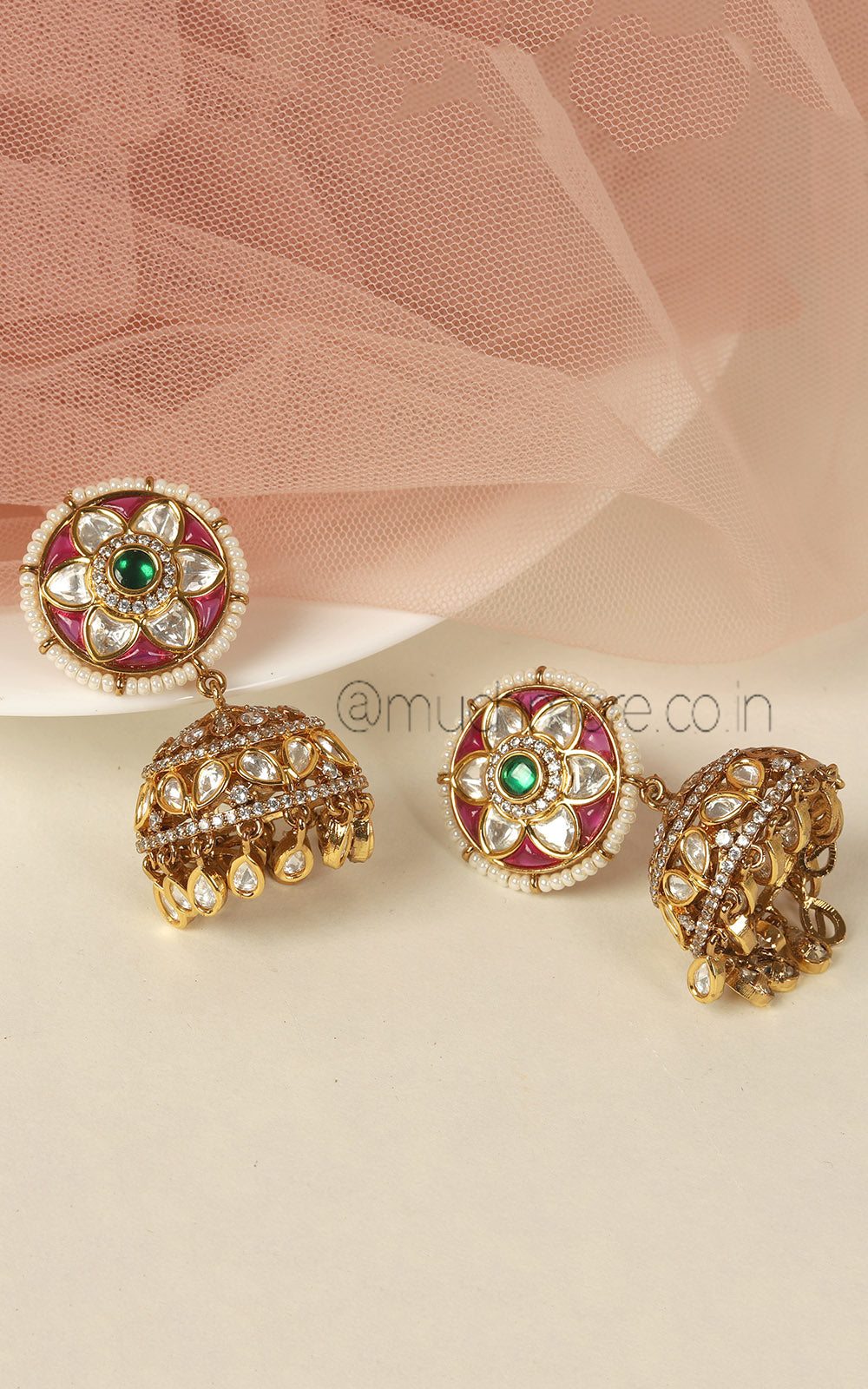 Ruby Green Color Gold Polish Kundan Traditional Jhumki Earrings