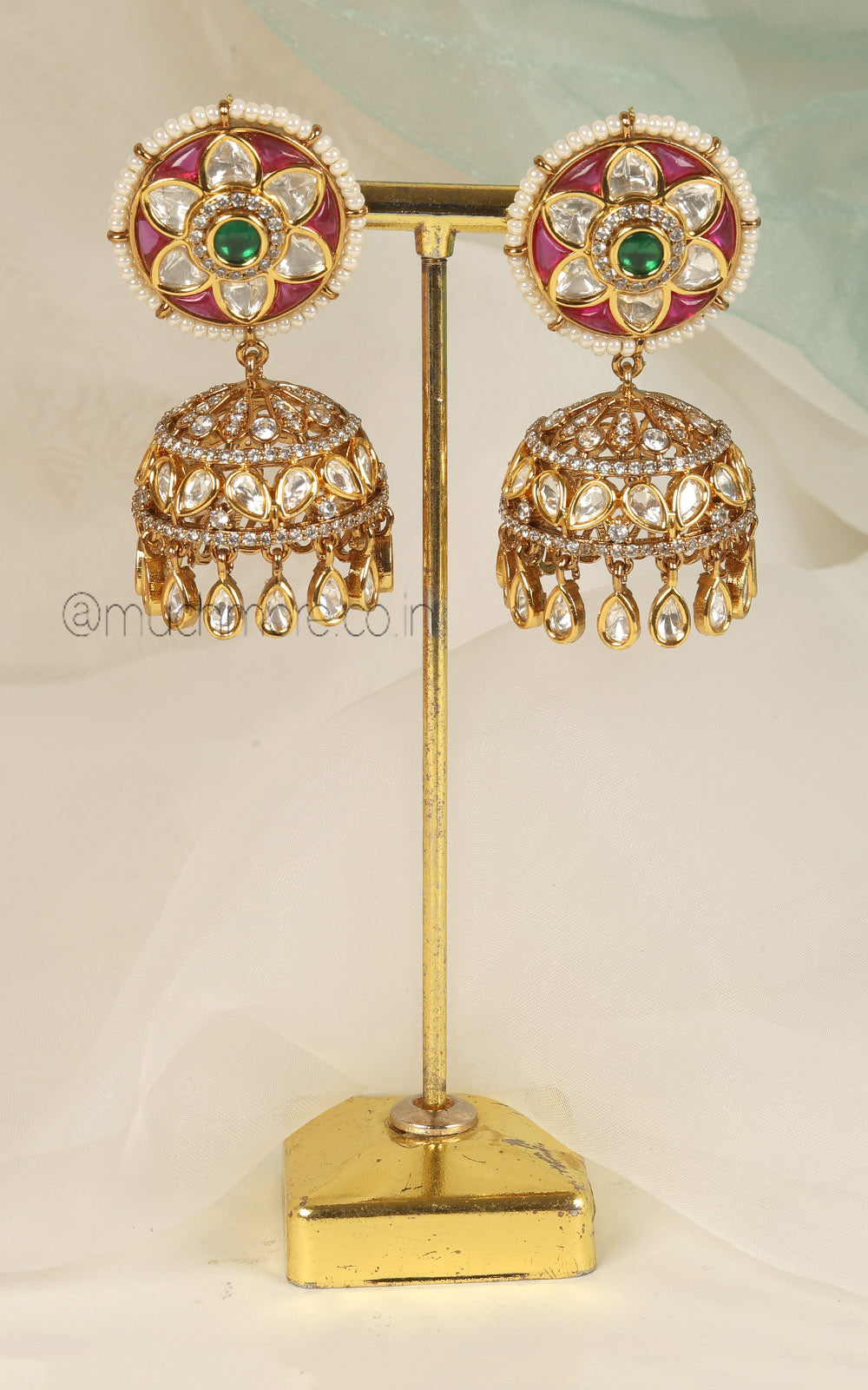 Ruby Green Color Gold Polish Kundan Traditional Jhumki Earrings