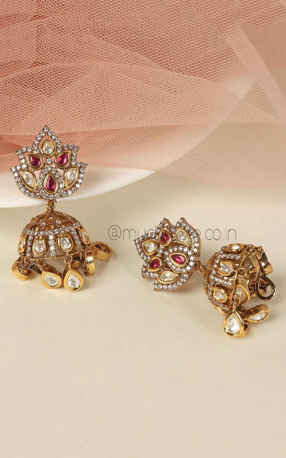 Kundan And Diamonds Ruby Color Cute Jhumki Earrings