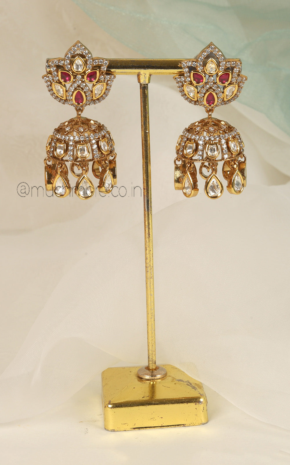 Kundan And Diamonds Ruby Color Cute Jhumki Earrings