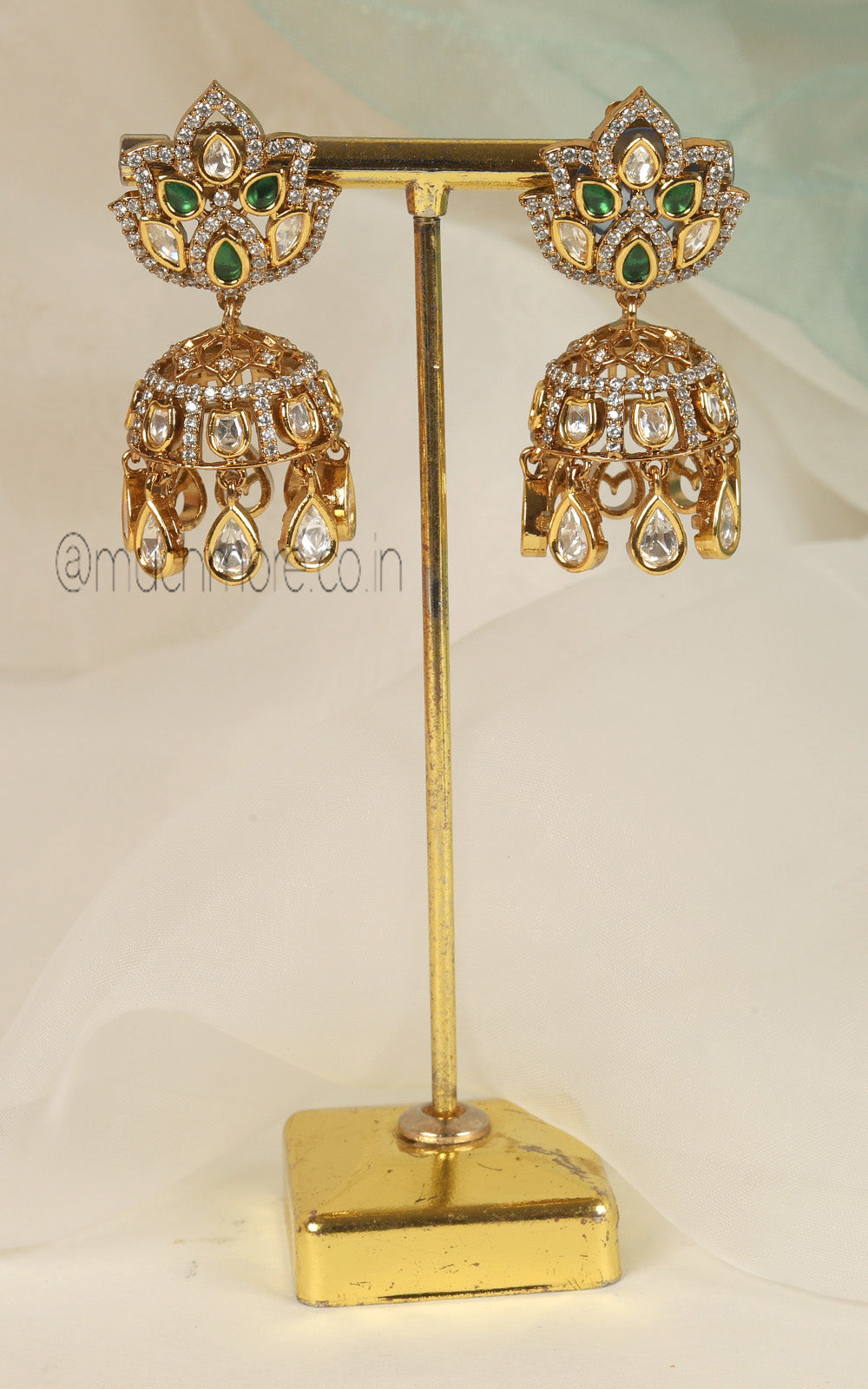 Much More Emerald Green Kundan And Diamonds Jhumki Earrings