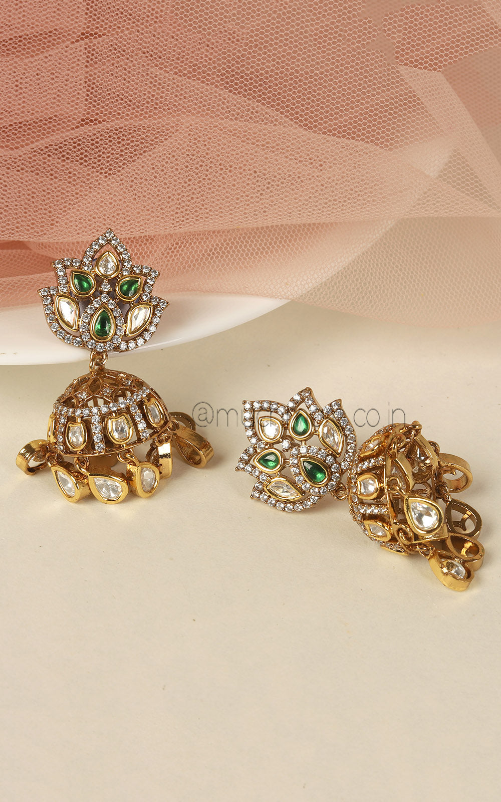 Much More Emerald Green Kundan And Diamonds Jhumki Earrings